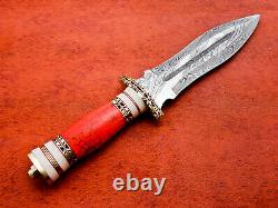 Custom Handmade Damascus Steel Hunting Dagger knife with Red Turquoise Handle