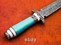 Custom Handmade Damascus Steel Hunting Dagger knife with Turquoise Handle
