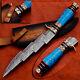Custom Handmade Damascus Steel Hunting Tri-dagger Knife Blue Turquoise Handle