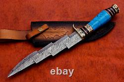 Custom Handmade Damascus Steel Hunting Tri-Dagger knife Blue Turquoise Handle