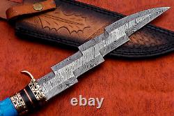 Custom Handmade Damascus Steel Hunting Tri-Dagger knife Blue Turquoise Handle