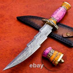 Custom Handmade Damascus Steel Hunting Tri-Dagger knife with Turquoise Handle