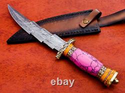 Custom Handmade Damascus Steel Hunting Tri-Dagger knife with Turquoise Handle