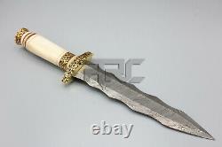 Custom Handmade Damascus Steel Kris Dagger Bowie Knife Scrimshaw Art Bone Handle