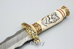 Custom Handmade Damascus Steel Kris Dagger Bowie Knife Scrimshaw Art Bone Handle