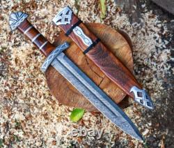 Custom Handmade Damascus Steel Viking And Dagger / With Scabbard