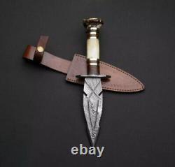Custom Handmade Forged Damascus Steel Dagger Knife With Deer Horn&brass Handle