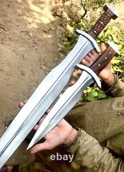 Custom Handmade J2 Steel Sword And One Daggar Knife With Blake Leather Sheaths