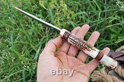 Custom Made Hunting Dagger Tactical Bowie Hiking Knife Stag Antler Handle Cover