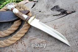 Custom Made Hunting Dagger Tactical Bowie Hiking Knife Stag Antler Handle Cover