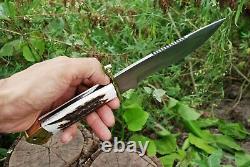 D2 STEEL Fixed Blade HUNTING Dagger KNIFE Brass Guard Stag Grip & Leather Sheath