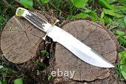 D2 STEEL Fixed Blade HUNTING Dagger KNIFE Brass Guard Stag Grip & Leather Sheath