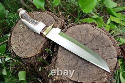 D2 STEEL HUNTING Dagger BOWIE KNIFE Brass Guard Stag Handle & Leather Sheath