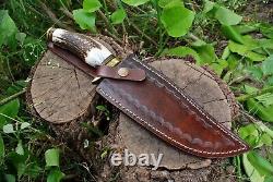 D2 STEEL HUNTING Dagger BOWIE KNIFE Brass Guard Stag Handle & Leather Sheath