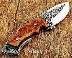 D2 Steel Custom Hand Engraved Hunting Boot Dagger Knife Wood Grip & Sheath