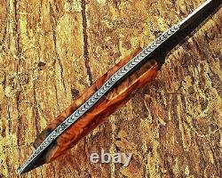D2 Steel Custom Hand Engraved Hunting Boot Dagger Knife Wood Grip & Sheath