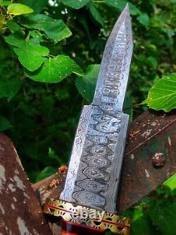 DAMASCUS STEEL DAGGER DOUBLE EDGE Knife custom brass handle works with Sheath