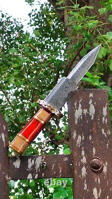 DAMASCUS STEEL DAGGER DOUBLE EDGE Knife custom brass handle works with Sheath