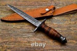 Dagger -Custom Handmade Damascus Steel Dagger Knife & Sheath Leather Roll Handle