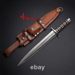 Dagger Knife Full Tang Custom Handmade Damascus Steel dagger Knife With Leather