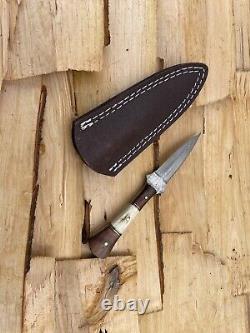 Damascus 7 Scottish Bosom Boot Knife Dubh Knife with Sheath, Stag & Wood Handle