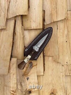 Damascus 7 Scottish Bosom Boot Knife Dubh Knife with Sheath, Stag & Wood Handle