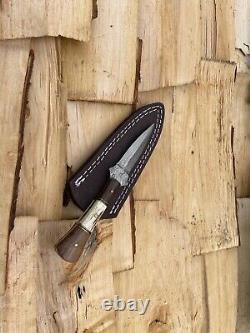 Damascus 7 Scottish Bosom Boot Knife Dubh Knife with Sheath, Stag & Wood Handle