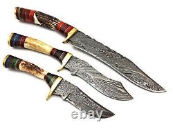 Damascus Camp Handmade Forge 3 Hunting Dagger Bowie Knife Stag Handle Sheath