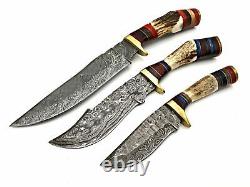 Damascus Camp Handmade Set Of 3 Hunting Dagger Bowie Knife Stag Handle & Sheath