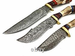 Damascus Camp Handmade Set Of 3 Hunting Dagger Bowie Knife Stag Handle & Sheath
