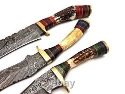 Damascus Camping Handmade Set Of 3 Hunting Dagger Bowie Knife Stag Handle