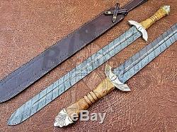 Damascus Custom Handmade 32 Inches Olive Wood Handle Viking Sword Knife