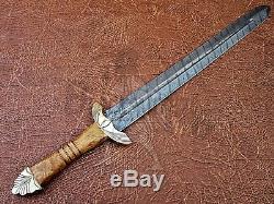 Damascus Custom Handmade 32 Inches Olive Wood Handle Viking Sword Knife