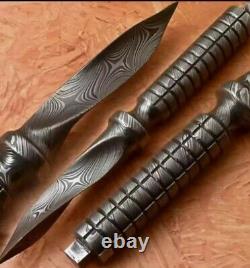 Damascus Fixed Blade Knife Handmade Hand Forged Tri Dagger Twisted Pattern