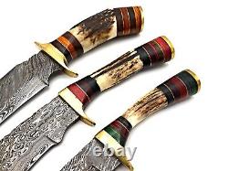 Damascus Handmade Camp Hunting Dagger Knife Antler Stag Handle Cover