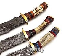 Damascus Stag Handmade Hunting Dagger Bowie Knife Deer Antler Grip & Sheath