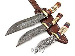 Damascus Stag Handmade Hunting Dagger Bowie Knife Deer Antler Grip & Sheath