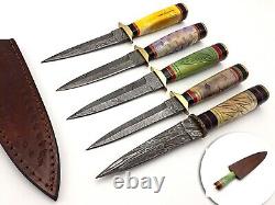 Damascus Steel 5 Pcs Set Hunting Skinner Dagger Knife Brass Guard & Bone Handle