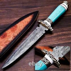 Damascus Steel Dagger Knife, Turquois Stone & Brass Handle, Best Gift For Men