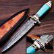 Damascus Steel Dagger Knife, Turquois Stone & Brass Handle, Best Gift For Men