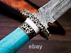 Damascus Steel Dagger Knife, Turquois Stone & Brass Handle, Best Gift For Men