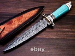 Damascus Steel Dagger Knife, Turquois Stone & Brass Handle, Best Gift For Men