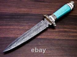 Damascus Steel Dagger Knife, Turquois Stone & Brass Handle, Best Gift For Men