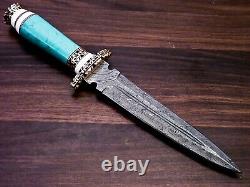 Damascus Steel Dagger Knife, Turquois Stone & Brass Handle, Best Gift For Men