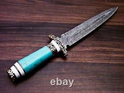 Damascus Steel Dagger Knife, Turquois Stone & Brass Handle, Best Gift For Men