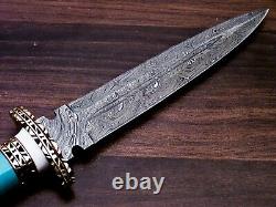 Damascus Steel Dagger Knife, Turquois Stone & Brass Handle, Best Gift For Men