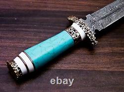 Damascus Steel Dagger Knife, Turquois Stone & Brass Handle, Best Gift For Men
