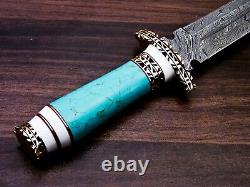 Damascus Steel Dagger Knife, Turquois Stone & Brass Handle, Best Gift For Men