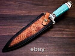 Damascus Steel Dagger Knife, Turquois Stone & Brass Handle, Best Gift For Men