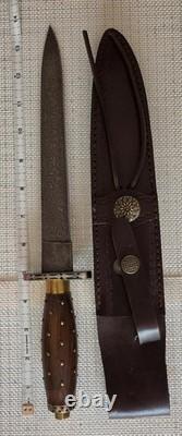 Damascus Steel Fighting Dagger Fixed Blade, Spear Point, Studded wooden handle